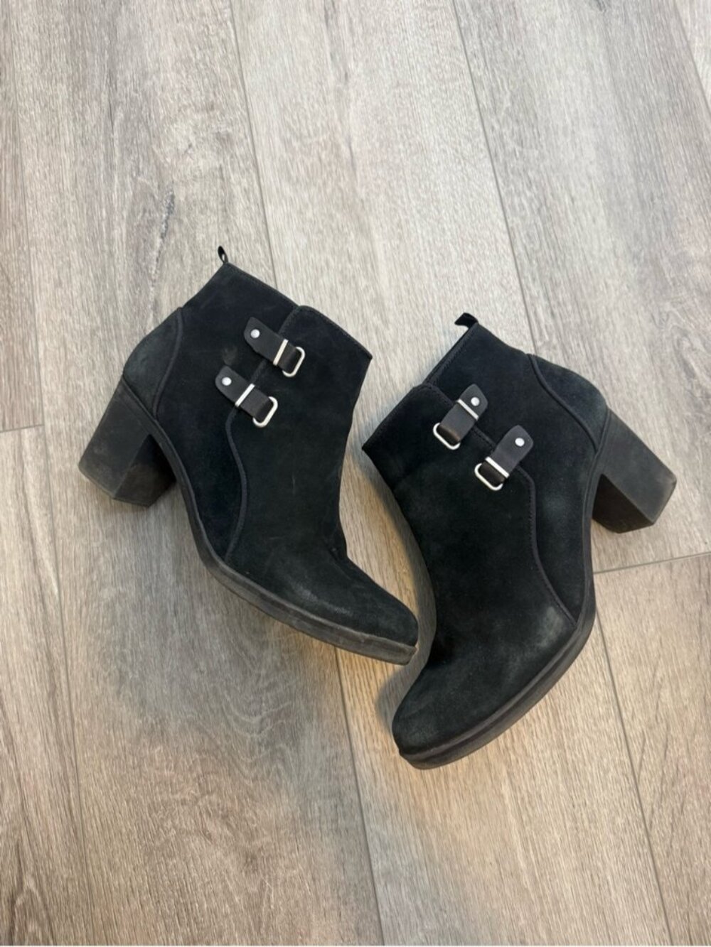 Clarks Black Suede Ankle Booties with Double Buckles size 10